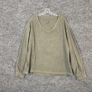 AnyBody Washed Waffle Knit Drop Shoulder V-Neck Top Womens Size Large Thyme Boho